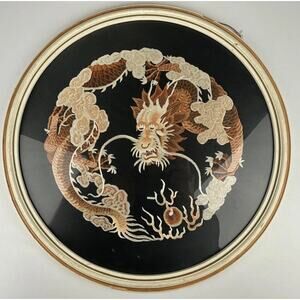 Vintage Chinese Dragon Embroidery Art Framed 17" Round Multicolor Silk Rare